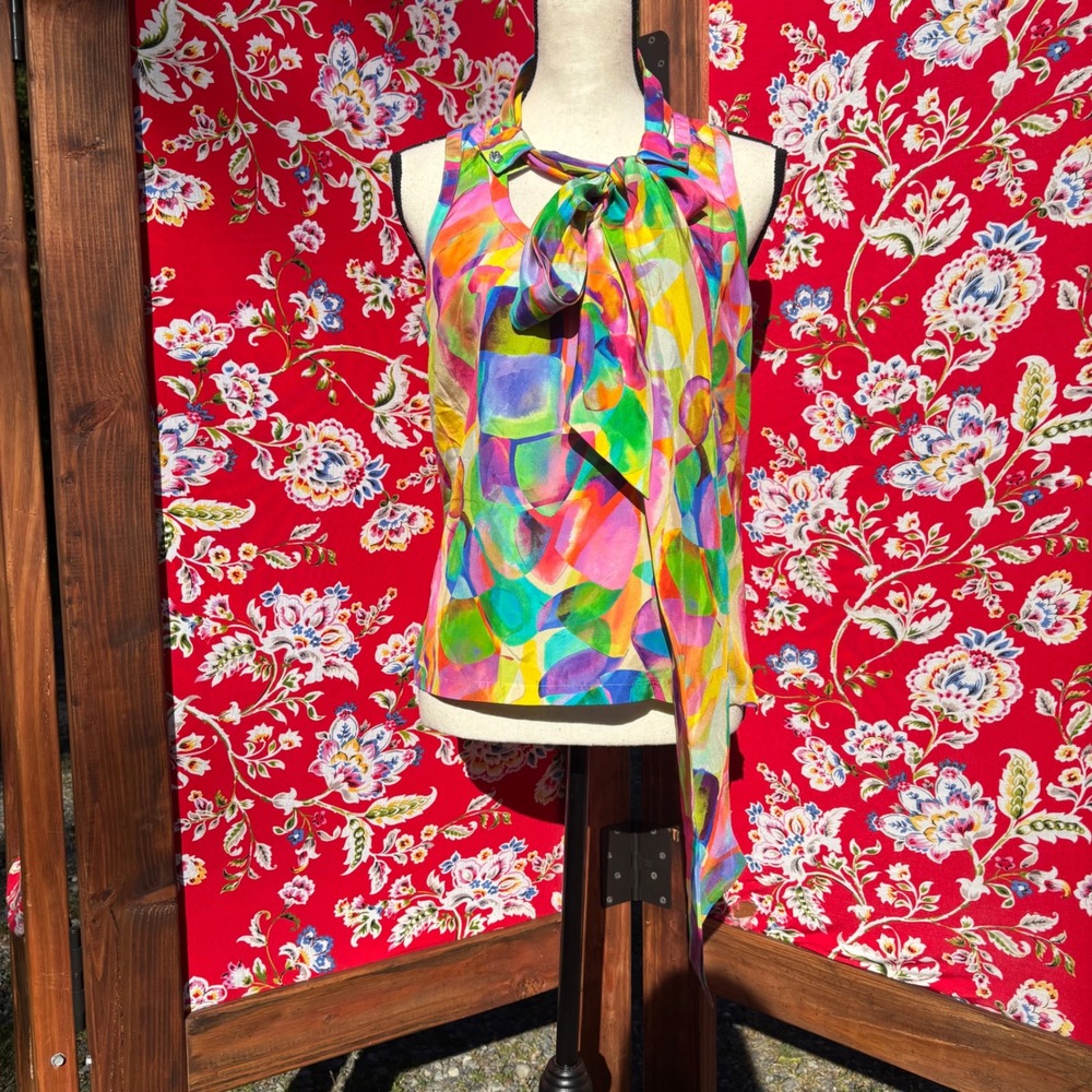 100% Silk Vibrant Multicolor Neck Tie Sleeveless Artsy Boho Chic Blouse Size S - Picture 2 of 13